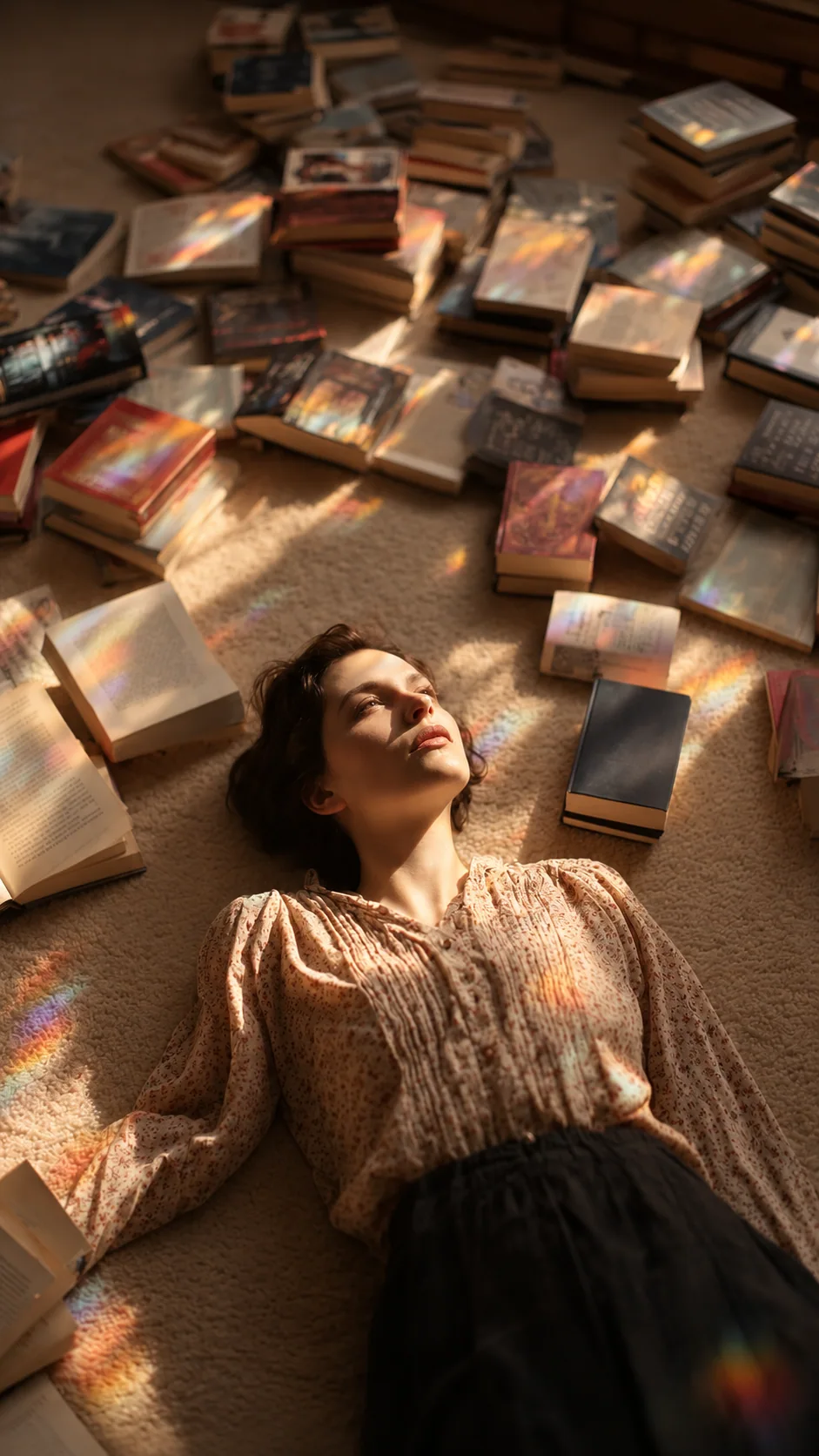Mulher entre livros sob luz natural