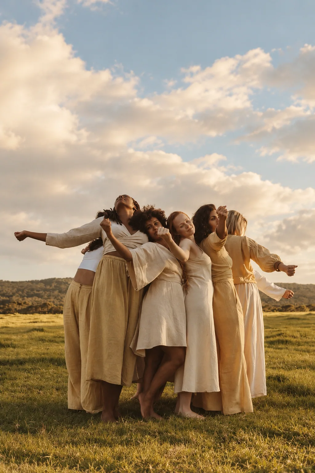 Mulheres reunidas em um abraço no campo