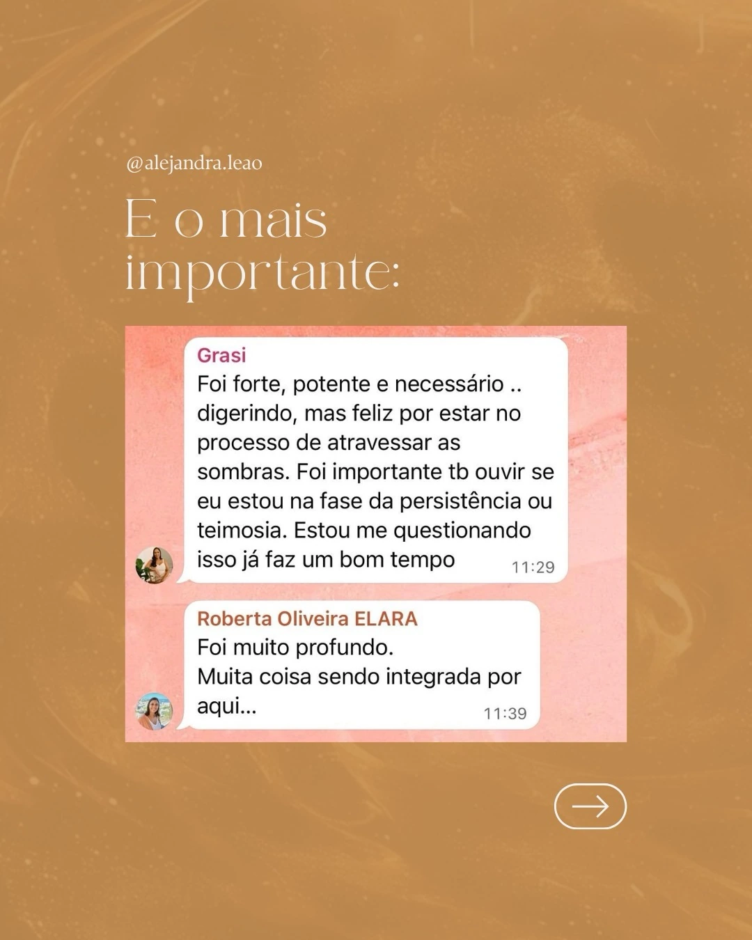 Relatos sobre o processo de integração — print publicado por Alejandra Leão no Instagram.