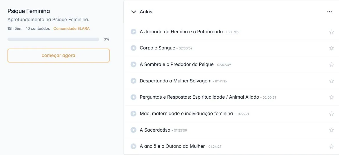 Lista de aulas e meditações de Psique Feminina na MemberKit.